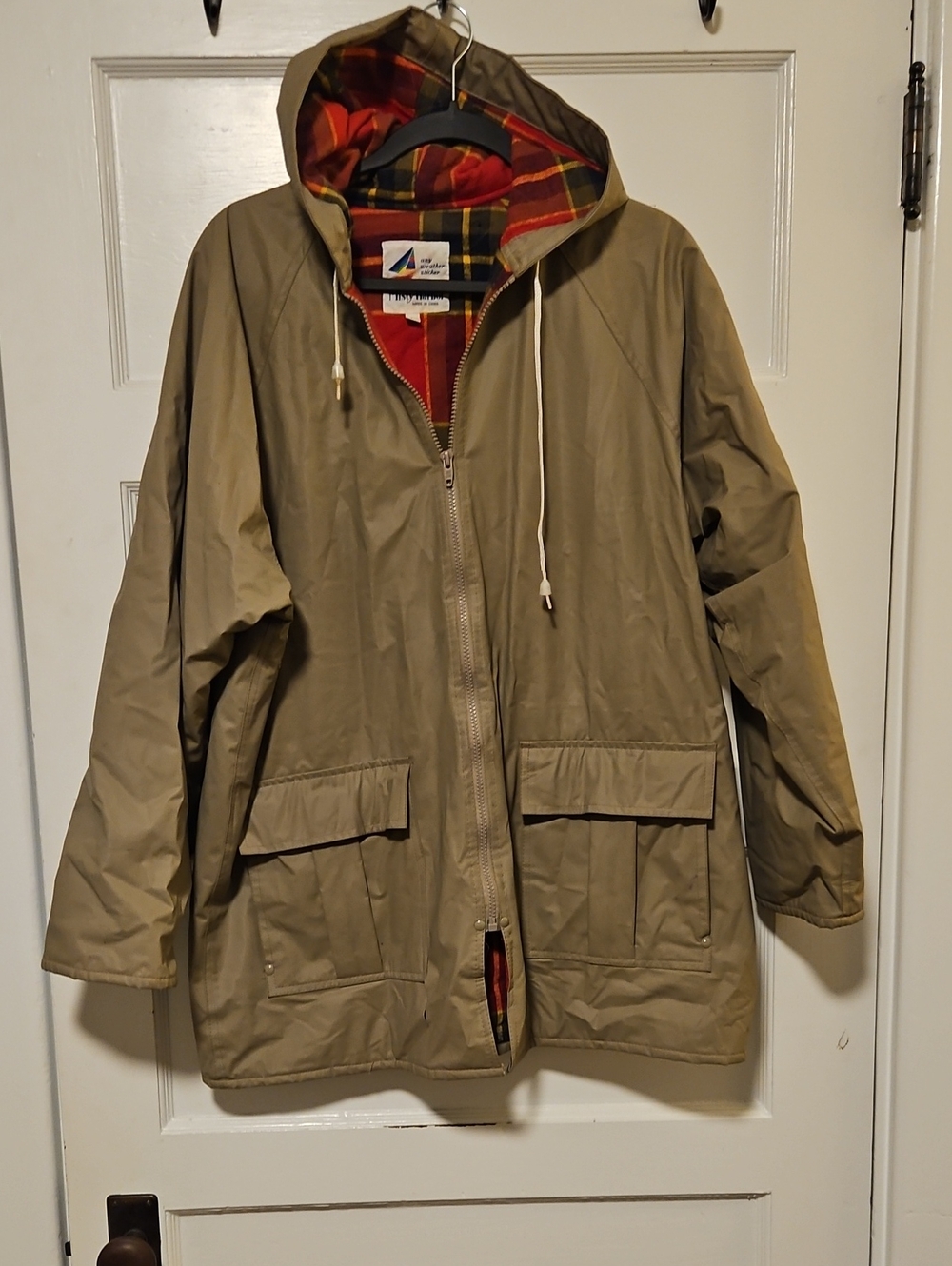 Vintage Misty Harbor Hooded Tan Raincoat with Plaid Flannel Lining
